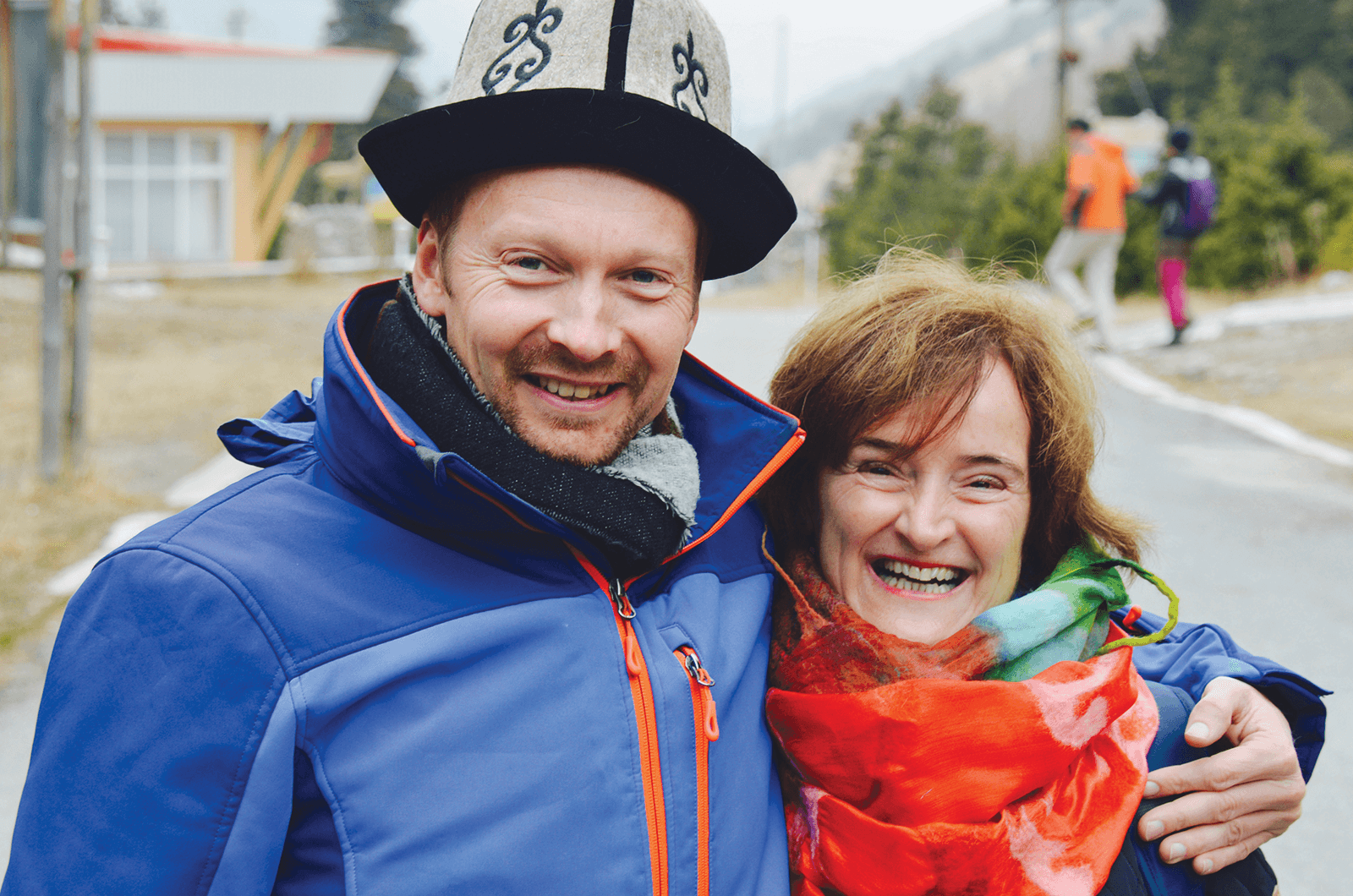 Barnaby Davies, left, wearing a traditional Kyrgyz hat called the “Ak Kalpak,” and business partner, Sjannie Hulsman, in Bishkek, Kyrgyzstan. Photo by EastguidesWest