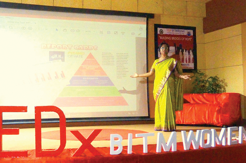 Sinjini speaks about gender sensitivity in parenting at a TEDX event in Meerut, Uttar Pradesh, India, in November 2017.