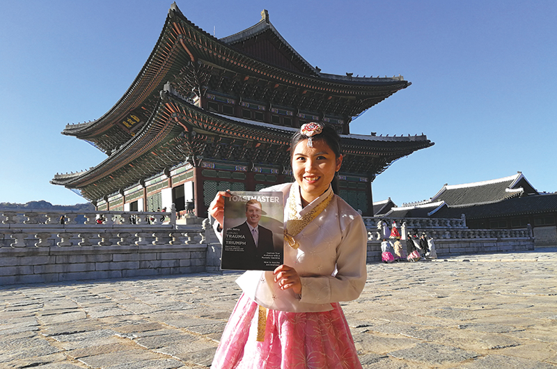 Cv Chon, from Skudai, Malaysia, wears hanbok, a traditional Korean dress, while visiting Gyeongbokgung Palace in South Korea.