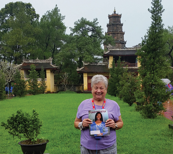 Mickie Ottery, CC, CL, from Las Vegas, Nevada, stands in front of the Pagoda of the Celestial Lady in Huế, Vietnam.