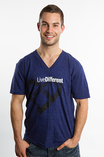 Myles poses in his Live Different apparel. He has spoken to more than 25,000 students across Canada while on tour with the nonprofit.
