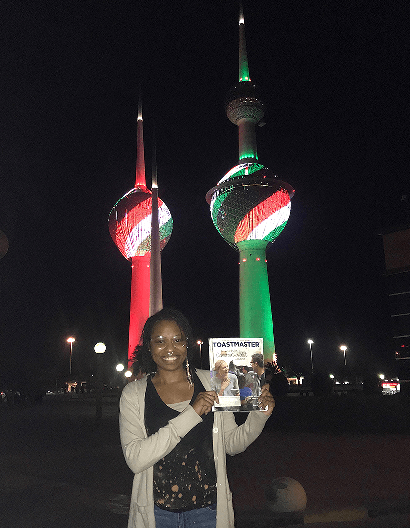 Khortnie Neal, ACB, CL, from Oklahoma City, Oklahoma, enjoys the Kuwait Towers light show in Kuwait City, Kuwait.