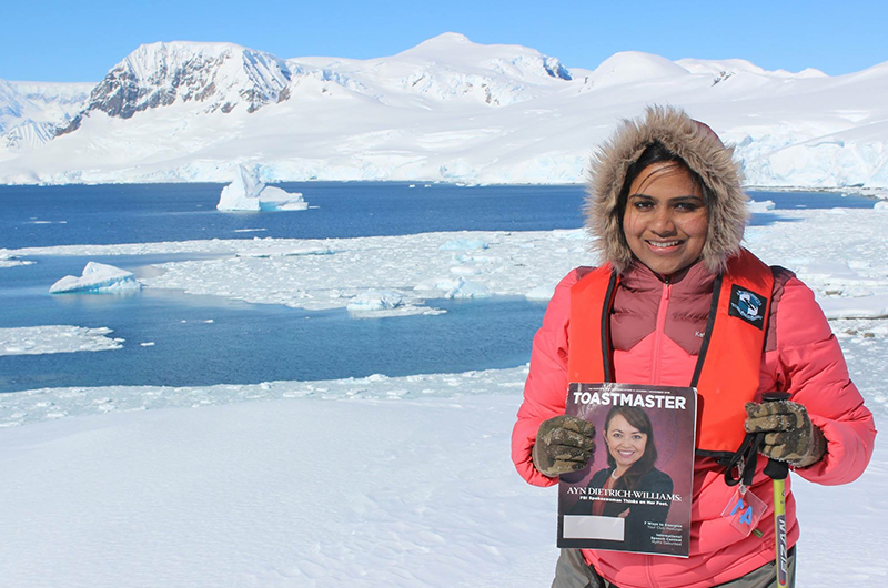 Krishnapriya Vijaya Kumar, ACS, CL, from Victoria, Australia, braves the cold in Cuverville Island, Antarctica.
