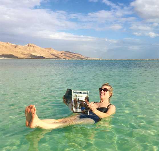 Roni Mitch, CC, from Plains, Montana, floats in the Dead Sea near Ein Bokek, Israel.