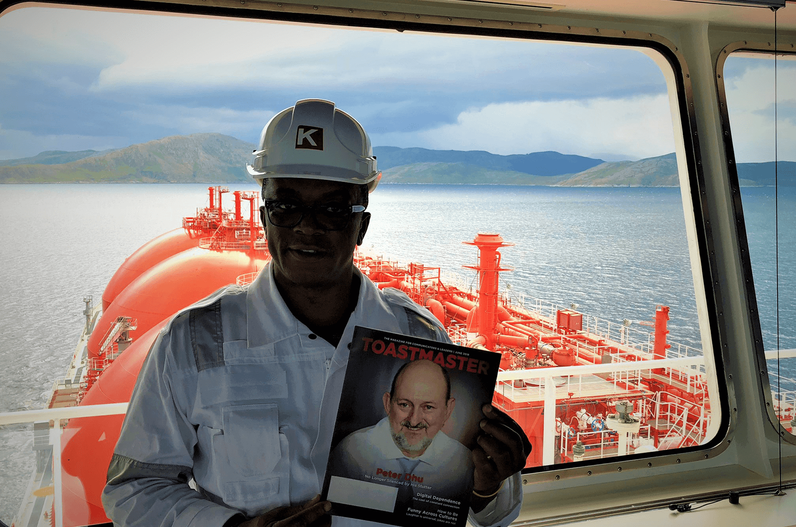 Ken Essien, ACS, ALB, of London, United Kingdom, works on a Liquified Natural Gas Tanker in the Norwegian Sea.   