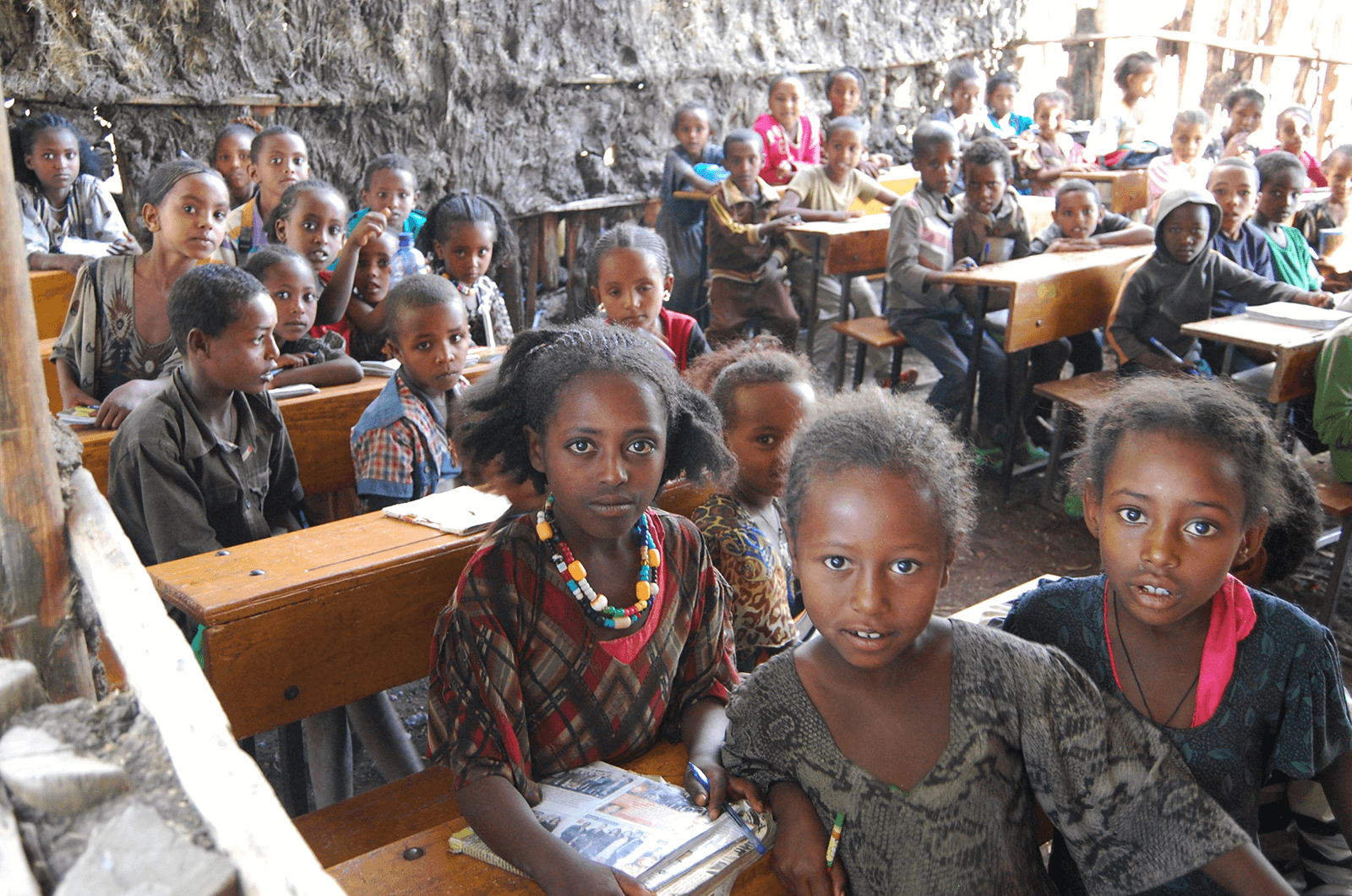 Children look at the camera at the rural school Toastmaster Lesley Stephenson and her team rebuilt in Mehoni, Ethiopia.
