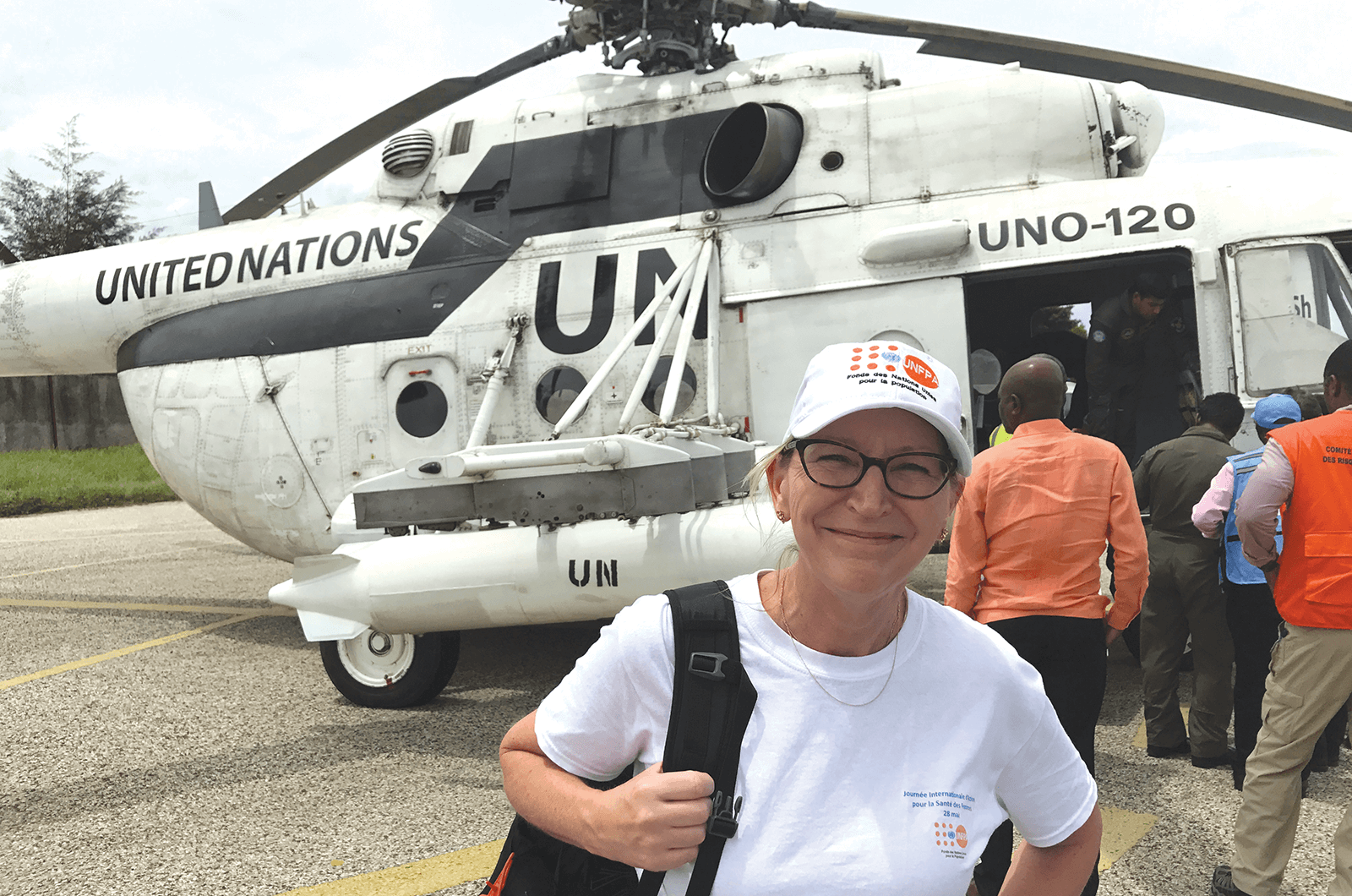 Marielle Sander boards a United Nations helicopter during her work in Haiti.