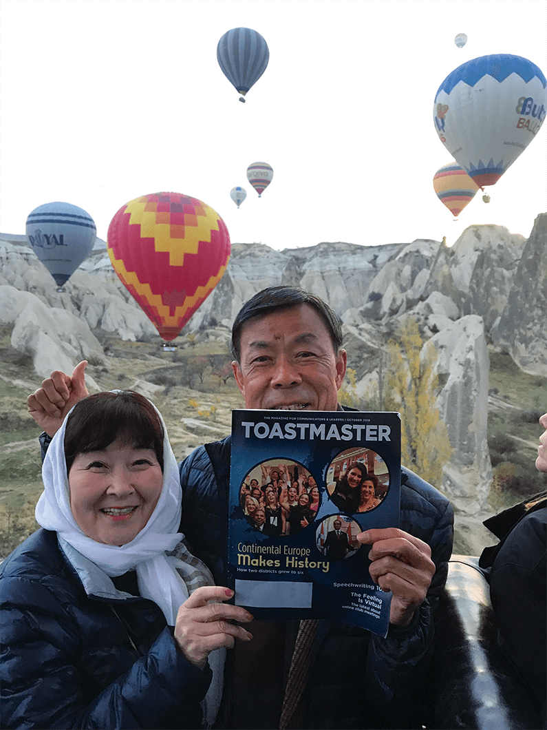 Kay Tamura, ACS, CL, and Minoru Tamura, DTM, of Tokushima, Japan, fly in a hot-air balloon in Cappadocia, Turkey.