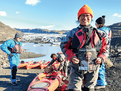 Siu Yan Scott, CC, of Euclid, Ohio, carves her own path at the Sólheimajökull glacier in southern Iceland.