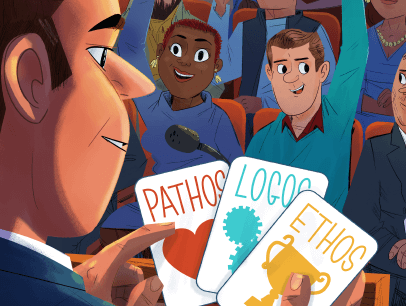 Cartoon male holding pathos, logos and ethos cards