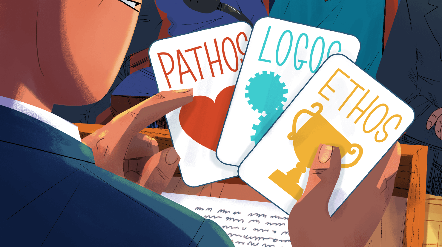 Cartoon male holding pathos, logos and ethos cards