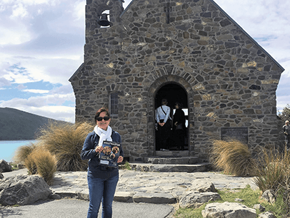 Adriana Arias Restrepo of Fort Lauderdale, Florida, explores the Church of the Good Shepherd on the shores of Lake Tekapo, New Zealand.