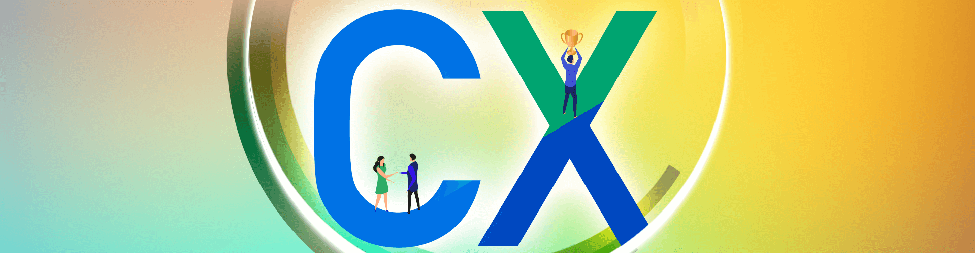 Illustrated people standing on letters C and X