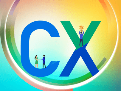 Illustrated people standing on letters C and X