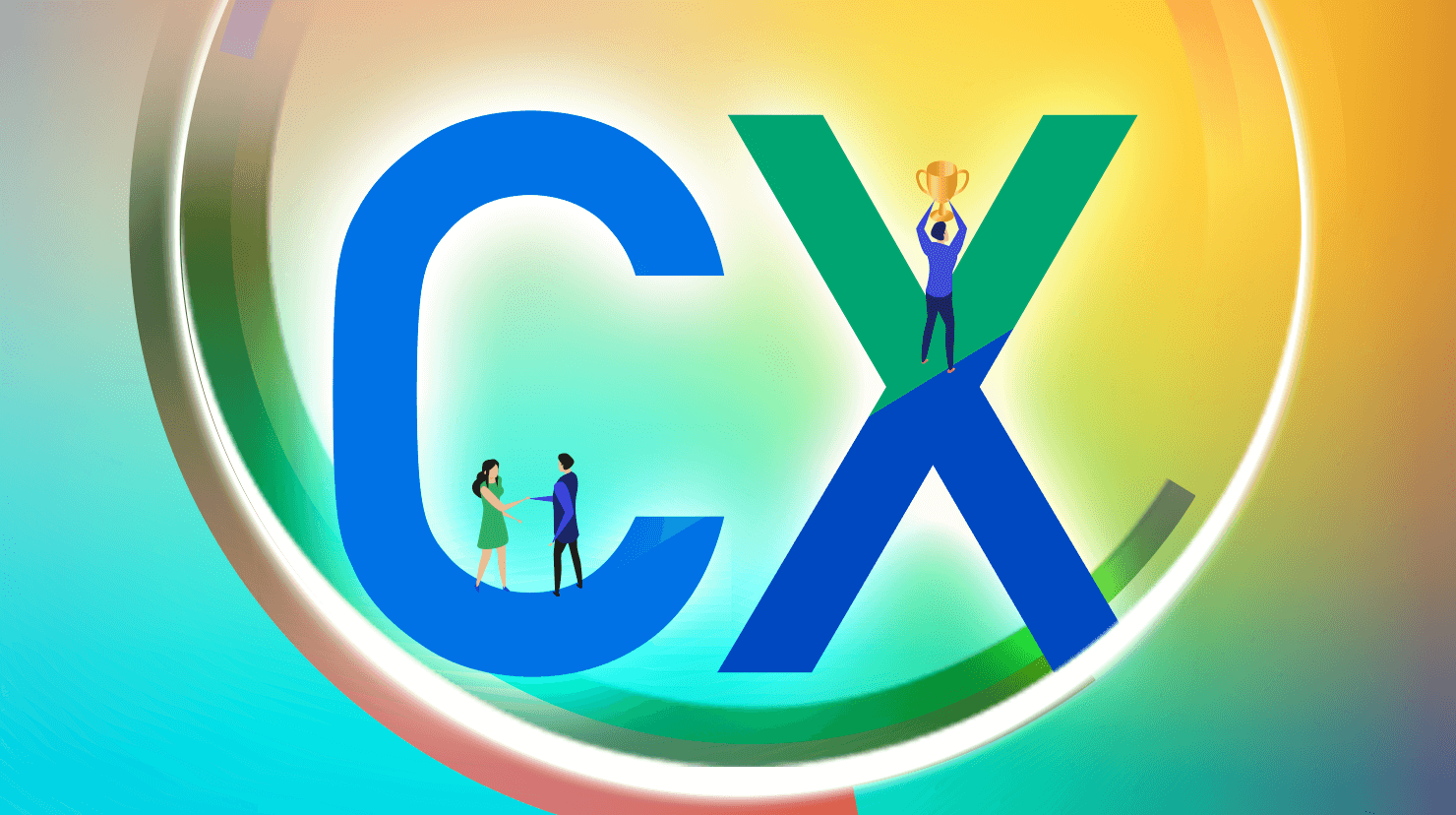 Illustrated people standing on letters C and X