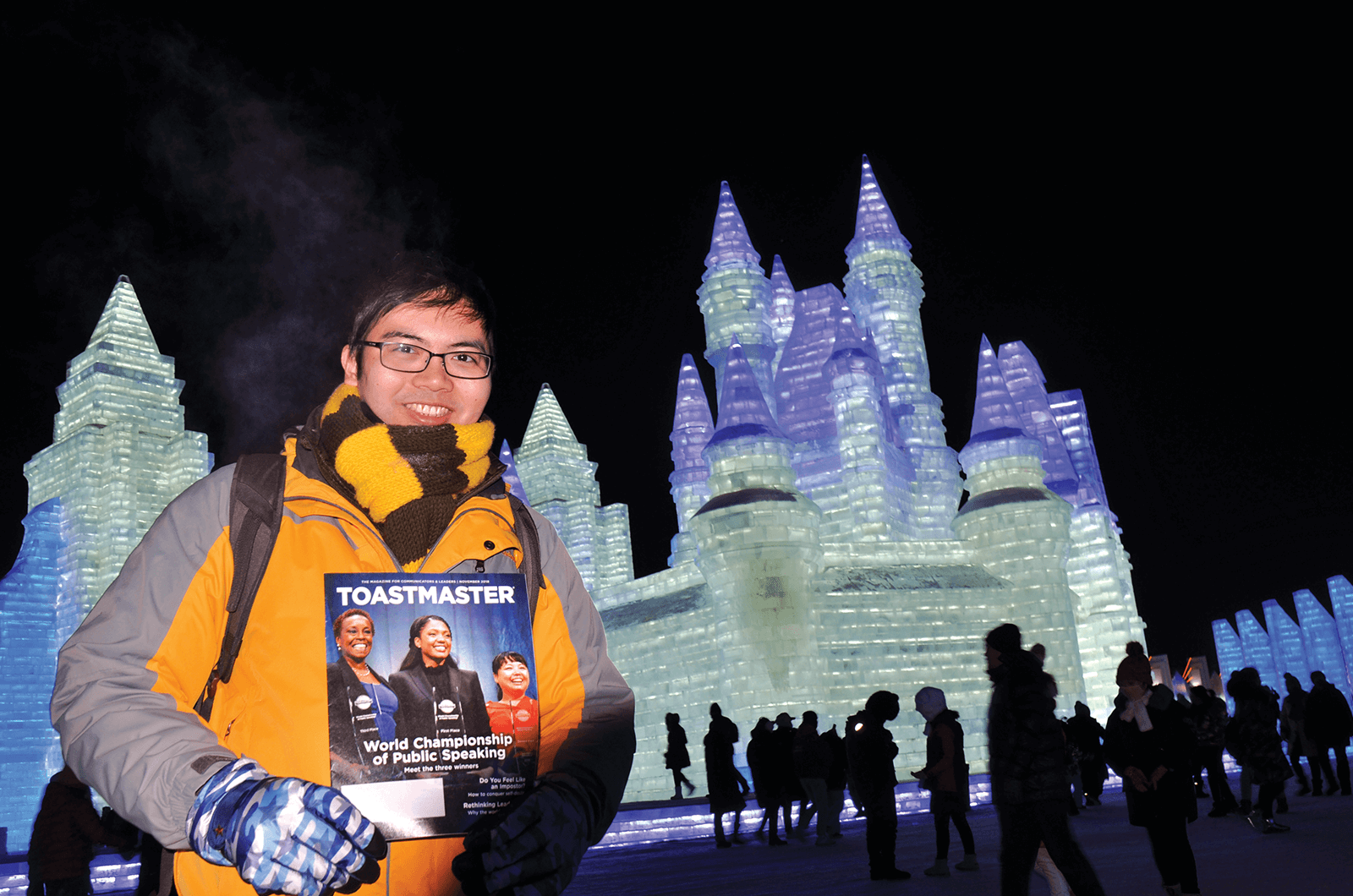 Lam Ngai Fung of Tai Po, Hong Kong, celebrates his birthday with a visit to the International Ice and Snow Sculpture Festival in Harbin, Heilongjiang, China.