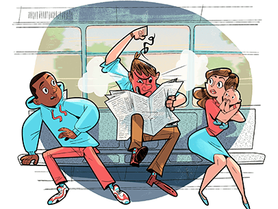 Illustration of man holding newspaper and male and female reacting next to him