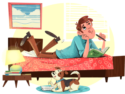 Illustration of man laying on bed with dog on floor