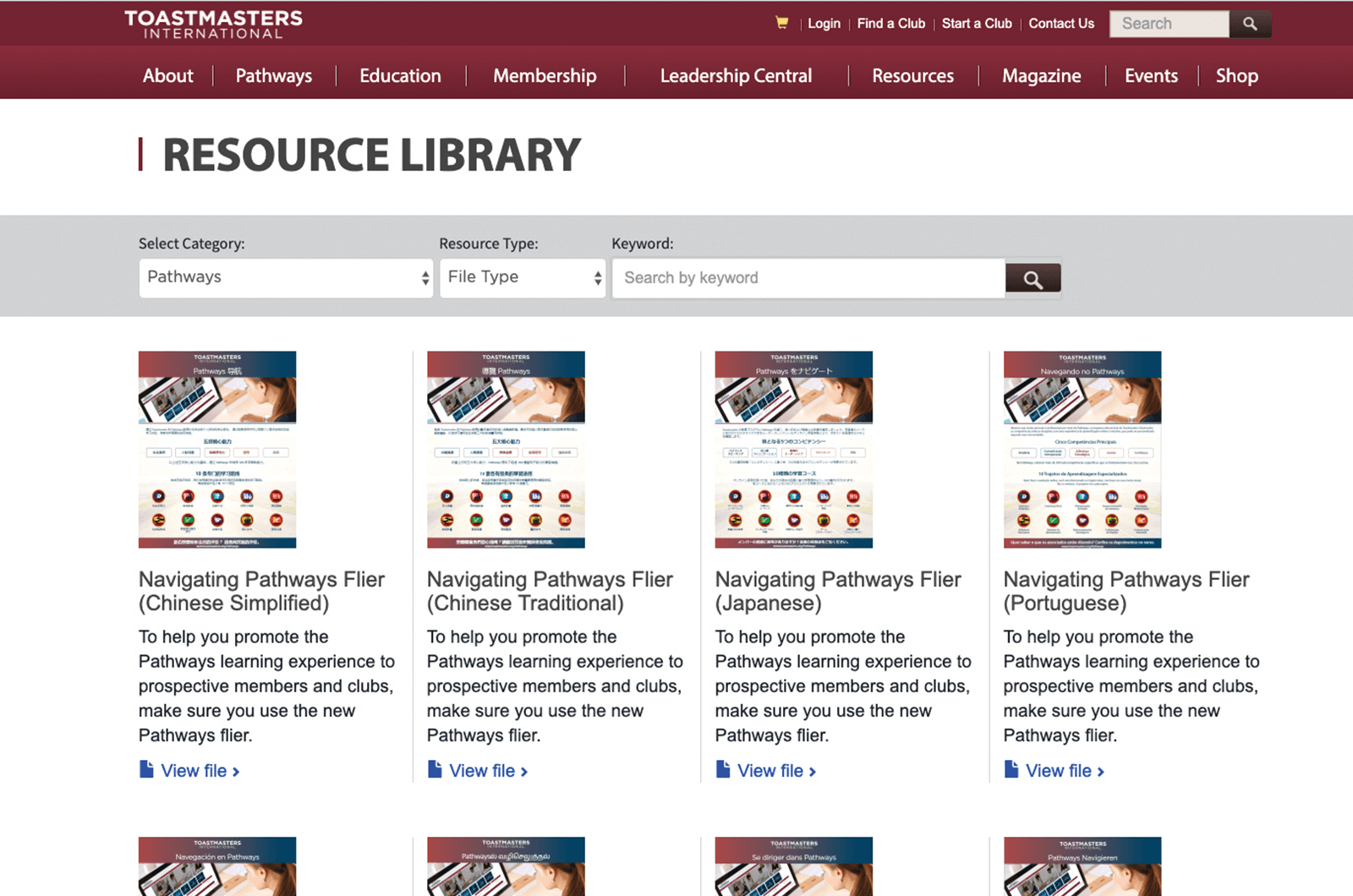 Resources Library webpage showing Navigating Pathways fliers in multiple languages
