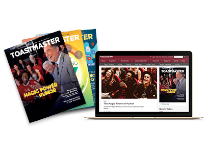 Toastmaster Magazine in print and online on laptop