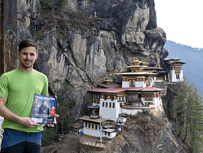 Jakub Kunat of Pardubice, Czech Republic, climbs to the Tiger’s Nest Monastery, a Buddhist sacred site in Bhutan.