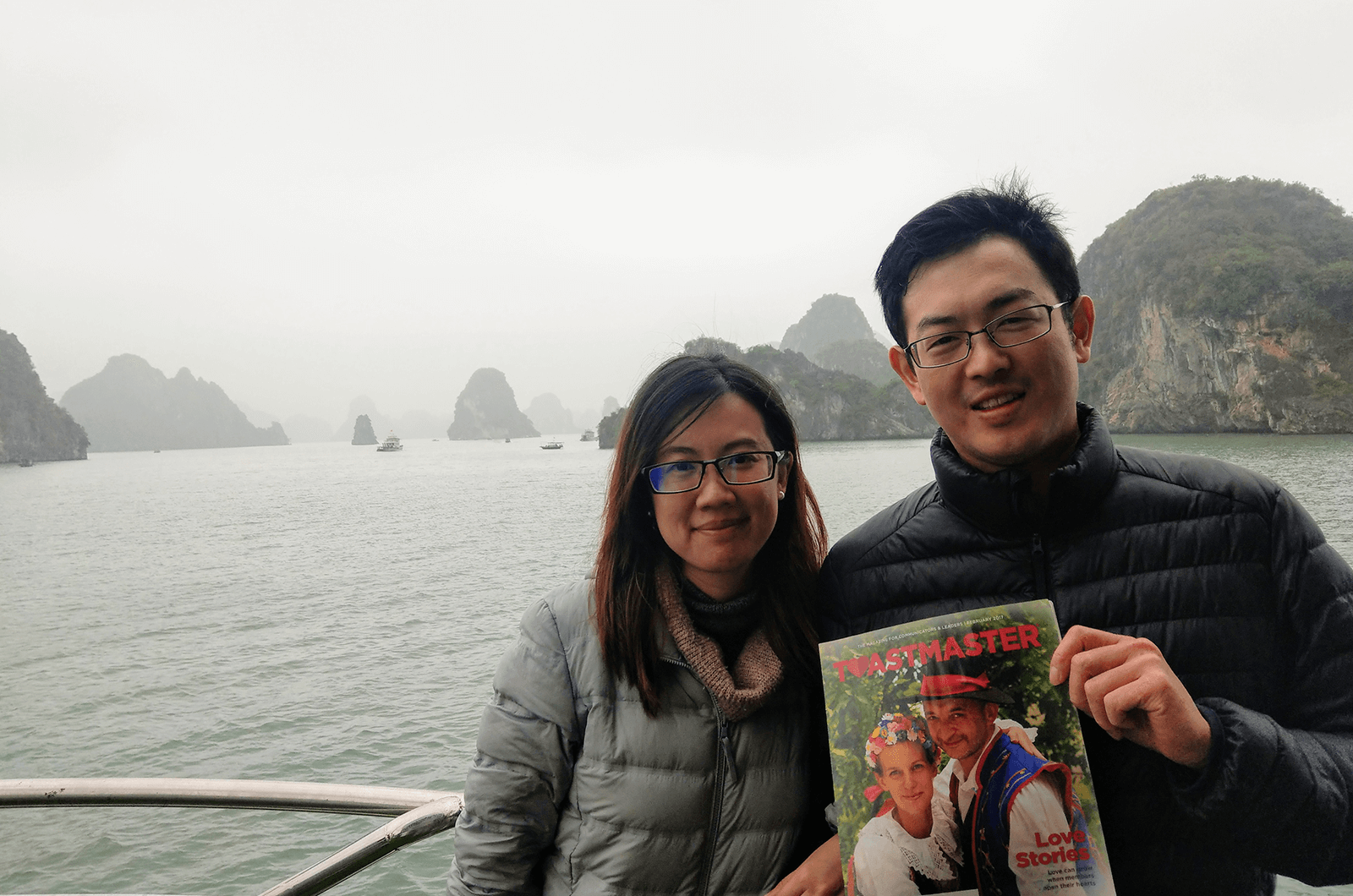 Isa Chou and Steve Chen of Taipei, Taiwan, enjoy a cruise in Halong Bay, Vietnam. 