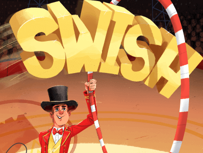 Illustration of circus ringmaster with the word swish going through the ring
