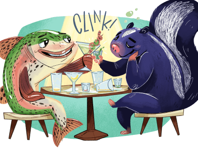 A fish and skunk at a table