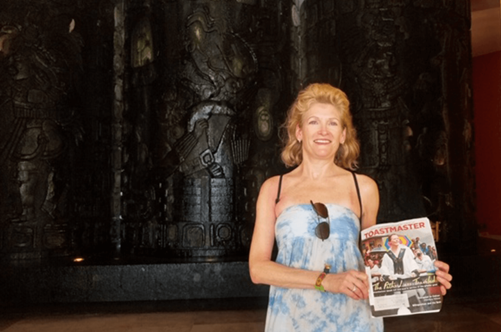 Suzanne Rocheleau of New York, New York, stands in front of the Mayan columns in Puerto Vallarta, Mexico. 