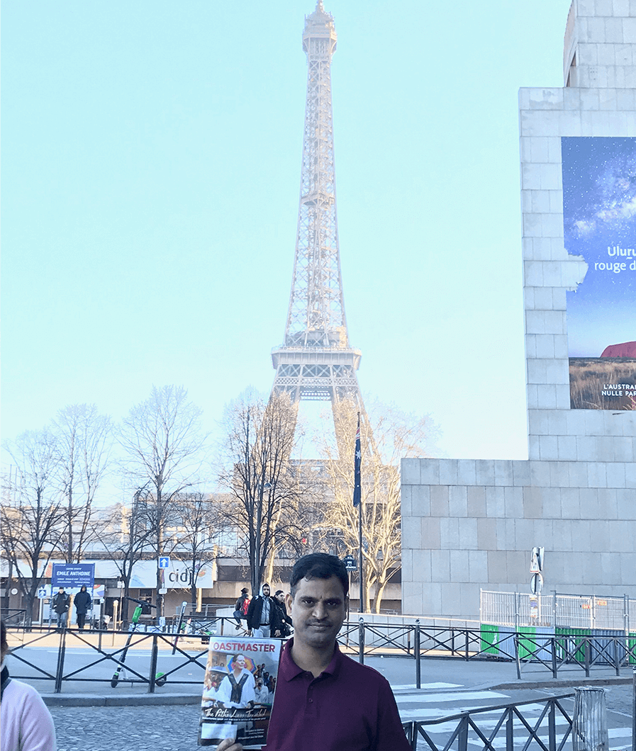 Venkat Reddy Mittakanti of Houston, Texas, stops by the Eiffel Tower during a trip to Paris, France. 