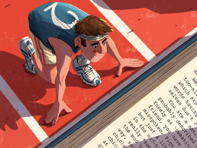 Illustration of cartoon man at starting line of race with book