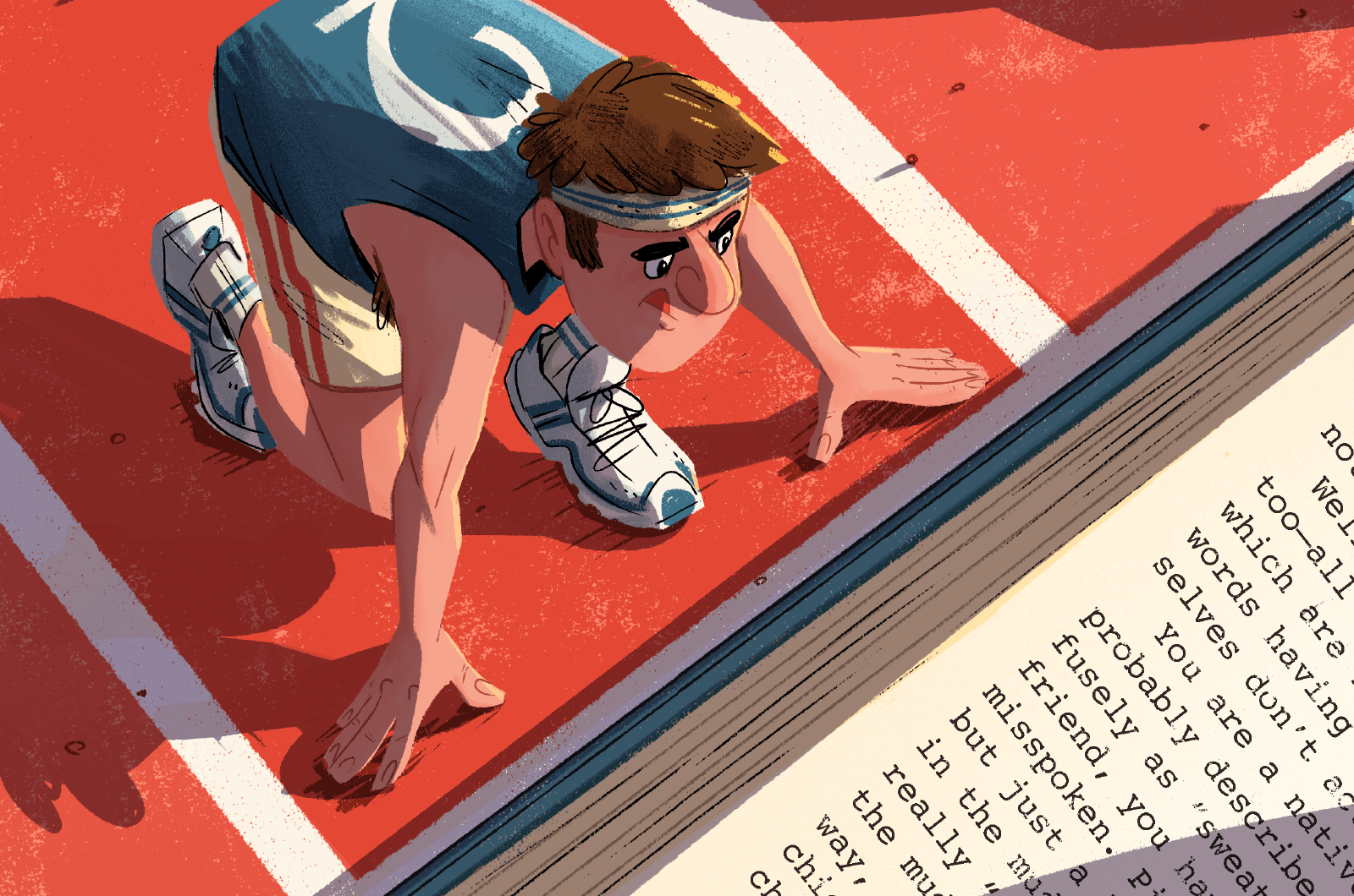Illustration of cartoon man at starting line of race with book