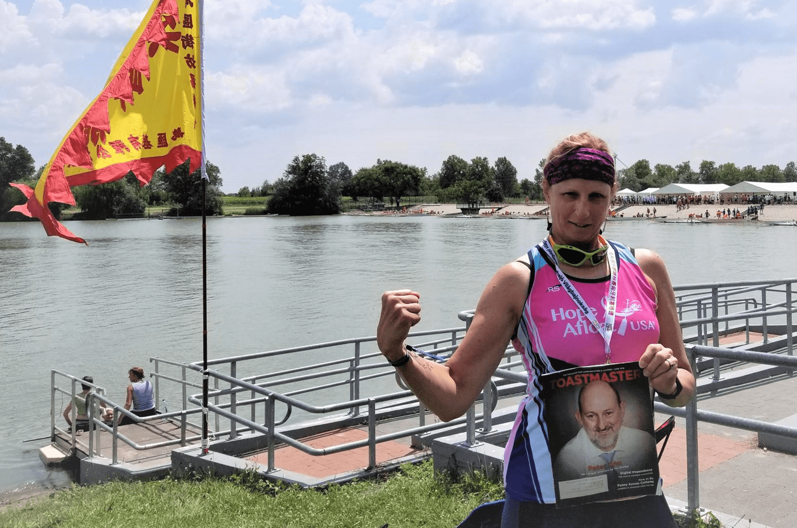 Kathy Myers of Philadelphia, Pennsylvania, competed in the International Dragon Boat Federation National Club Crew Championships in July 2018. She and her team earned the bronze medal in the short boat competition—a 500-meter race—in Szeged, Hungary! 