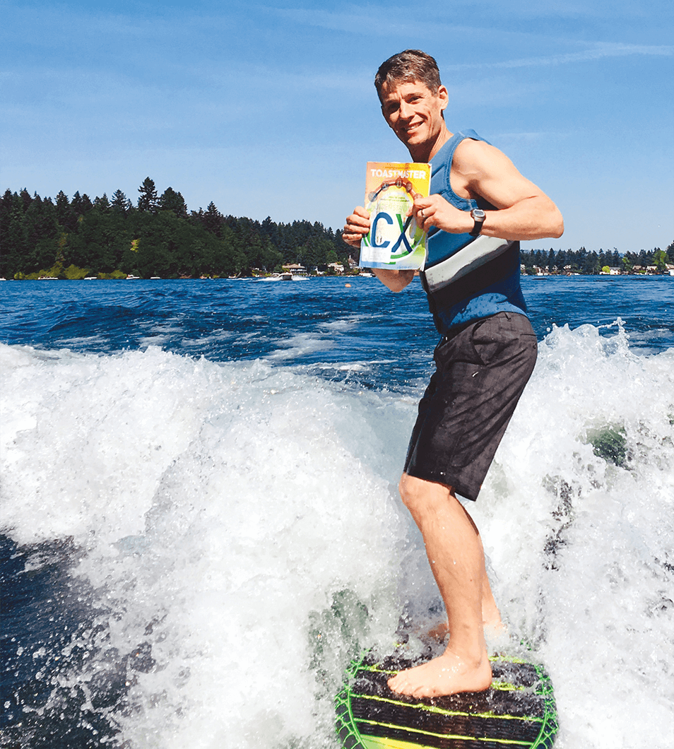 Rob Jett of Lake Oswego, Oregon, enjoys a warm weekend on Lake Oswego wakeboarding with his magazine.