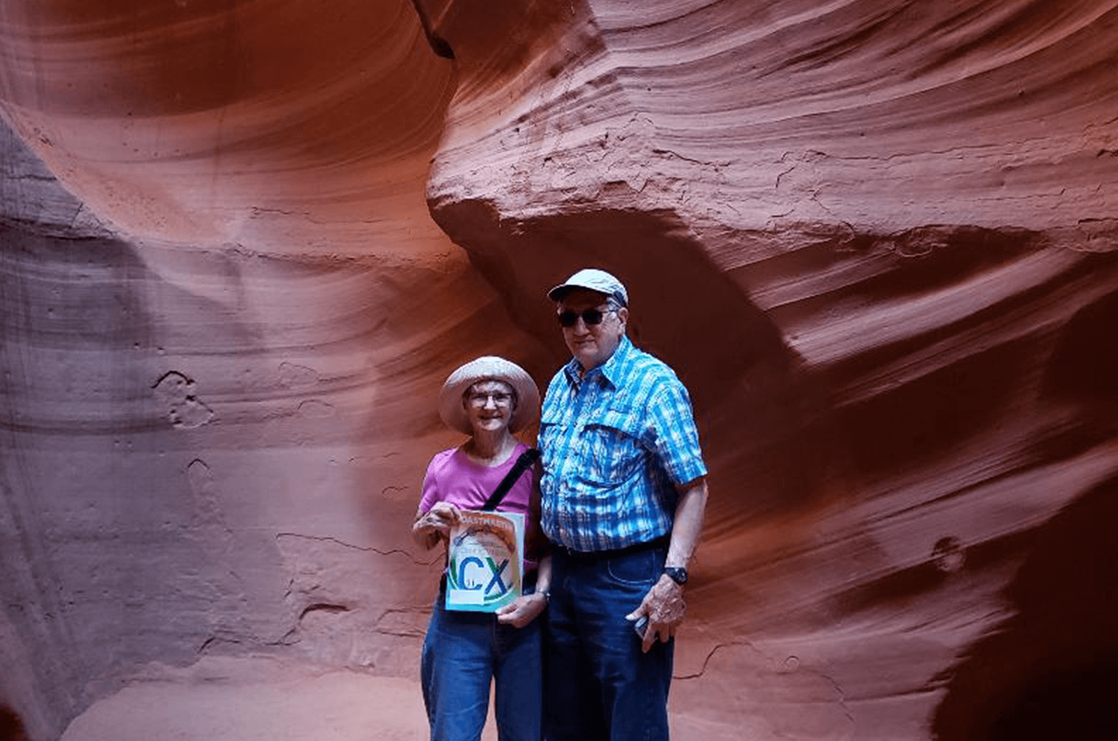 Sandy Kardis, DTM, and Tony Kardis of Creve Couer, Missouri, observe the geological features inside the Antelope Canyon Slot in Page, Arizona. 