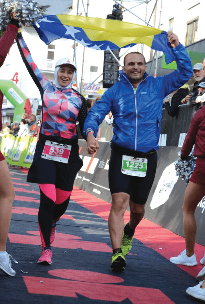 Nudžejma and her husband, Jasmin Harbinja, finish together at the Ironman 70.3 in Zell am See, Austria, during their honeymoon.
