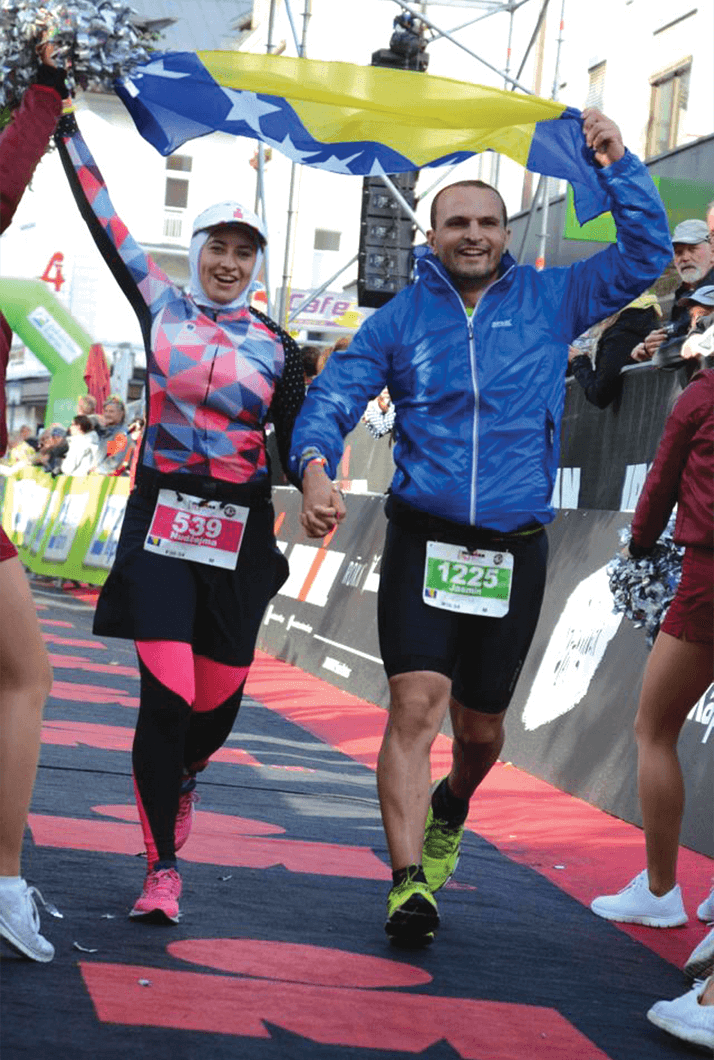 Nudžejma and her husband, Jasmin Harbinja, finish together at the Ironman 70.3 in Zell am See, Austria, during their honeymoon. 