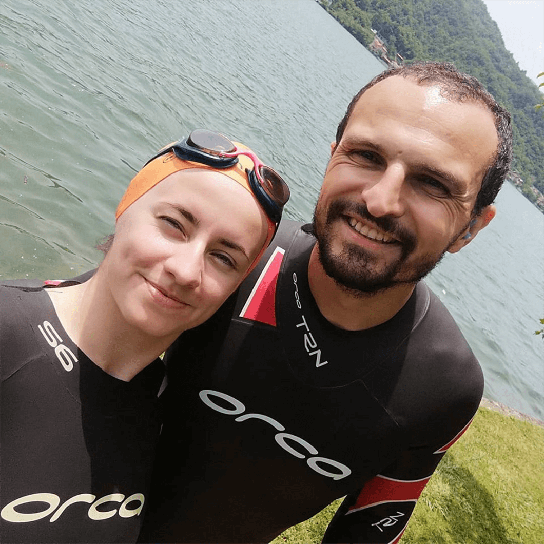 Nudžejma and her husband, Jasmin Harbinja, smile after a swim. 
