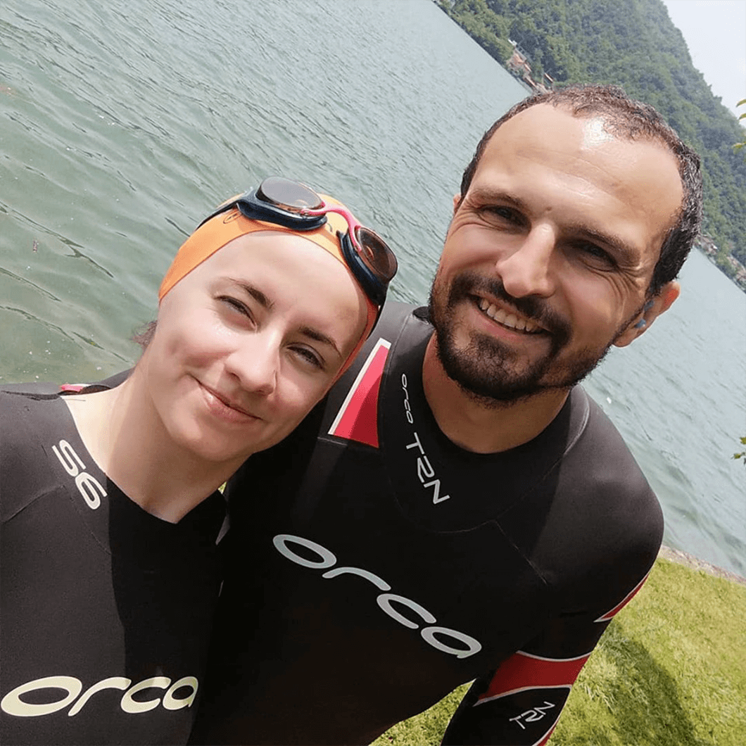 Nudžejma and her husband, Jasmin Harbinja, smile after a swim.