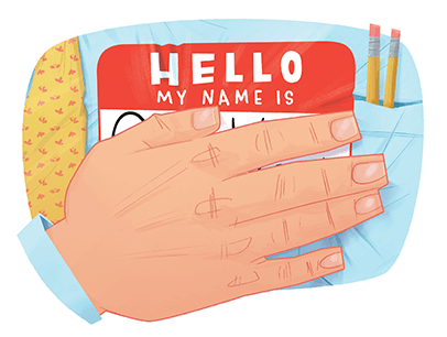 Illustration of hand covering name tag