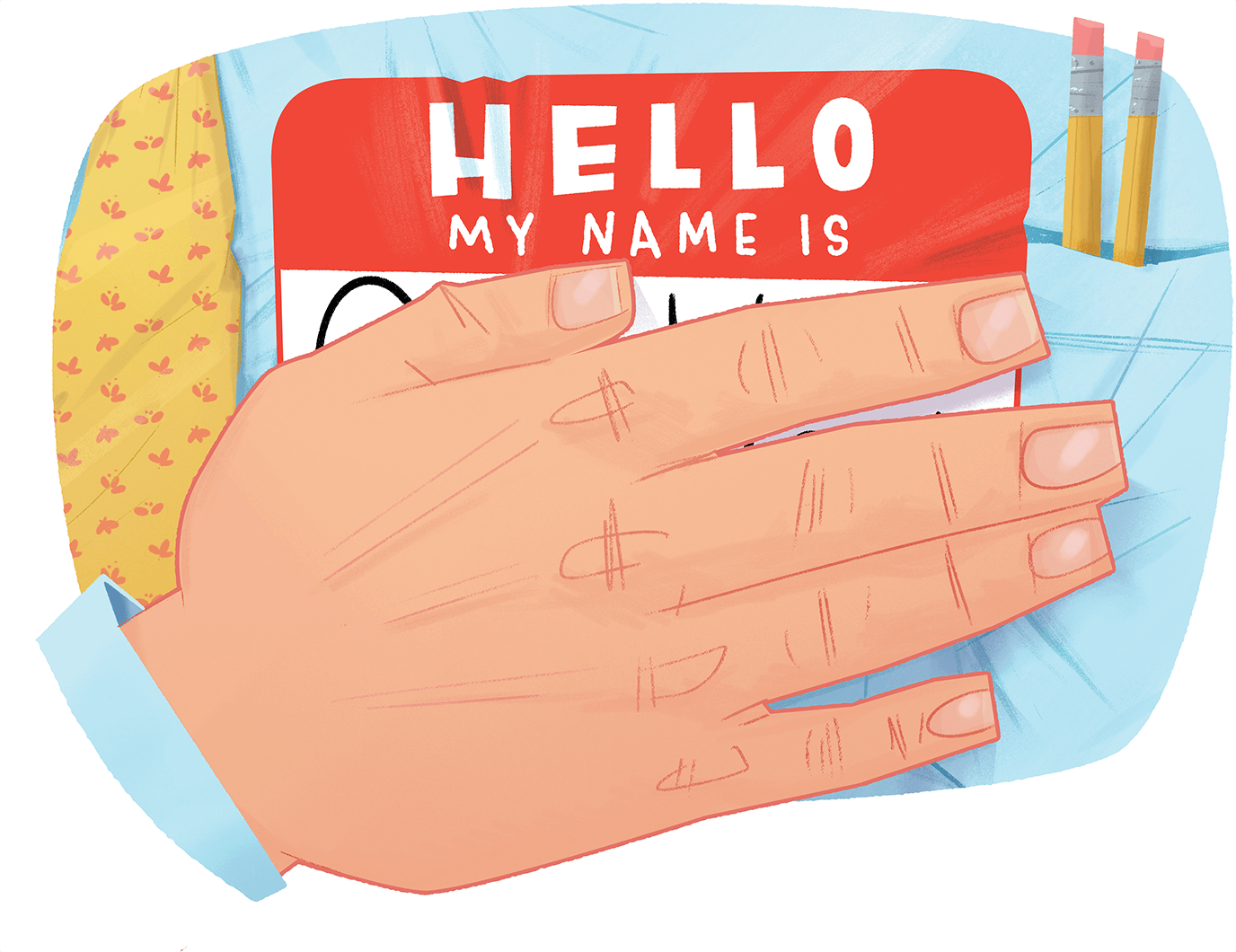 Illustration of hand covering name tag