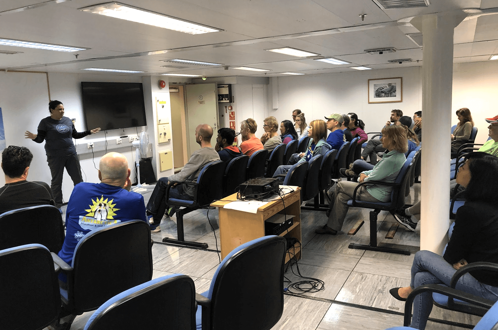 While traveling on a ship to Antarctica, Satish Shenoy set up a Toastmasters demo meeting for his shipmates, who were traveling together to run a marathon. 