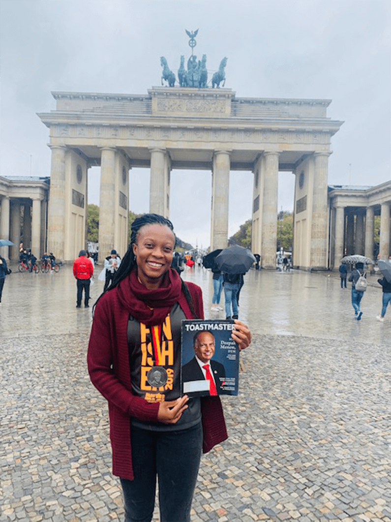 Daphnee Sanon of Brooklyn, New York, visits the Brandenburg Gate after running the 2019 Berlin Marathon in Berlin, Germany. 