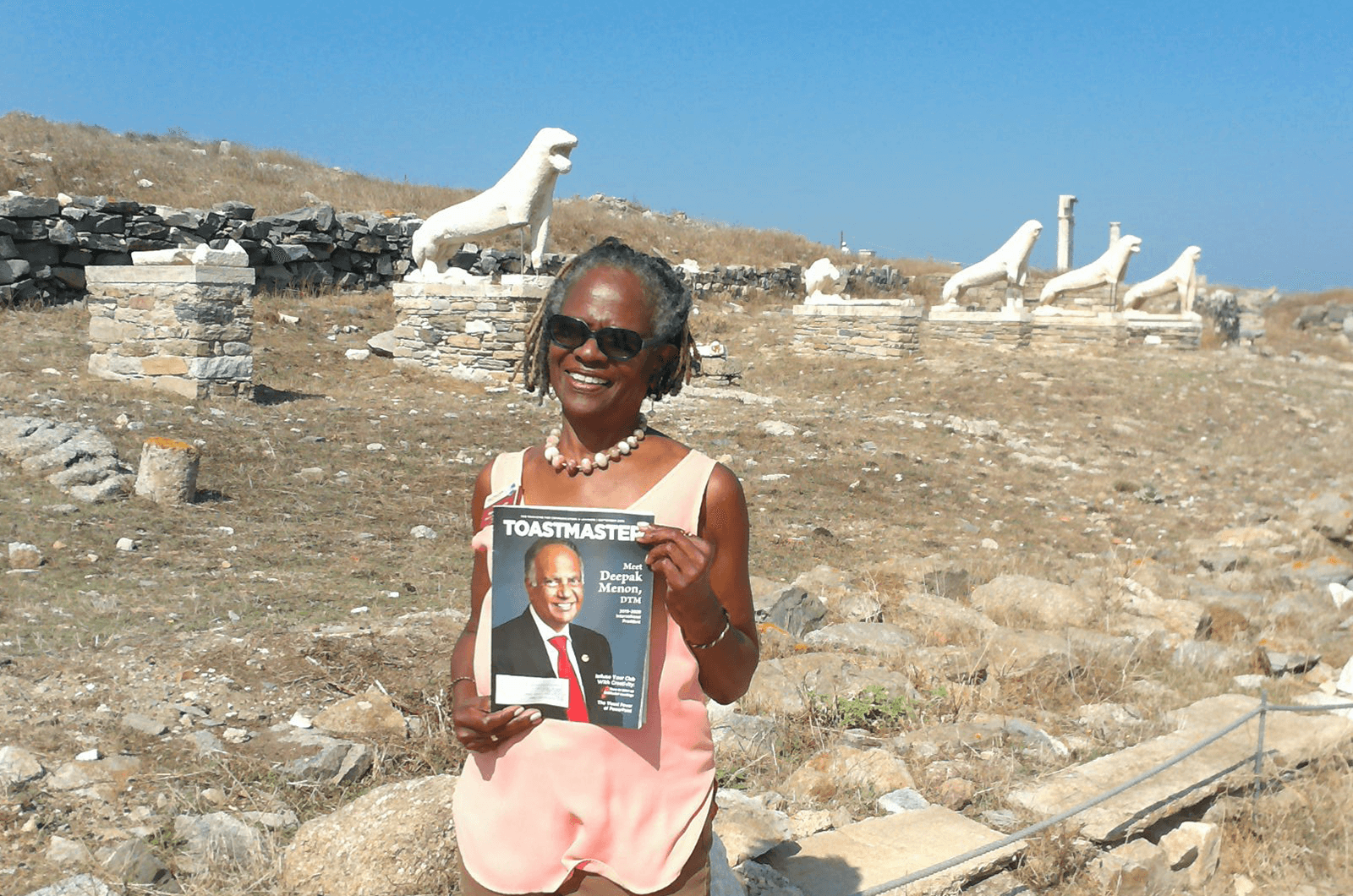 Marilyn Nue, DTM, of Ellenwood, Georgia, visits the archeological site Delos Island, near Mykonos, Greece. The ruins include markets, temples, an amphitheater, houses, and the iconic Terrace of the Lions statues. 