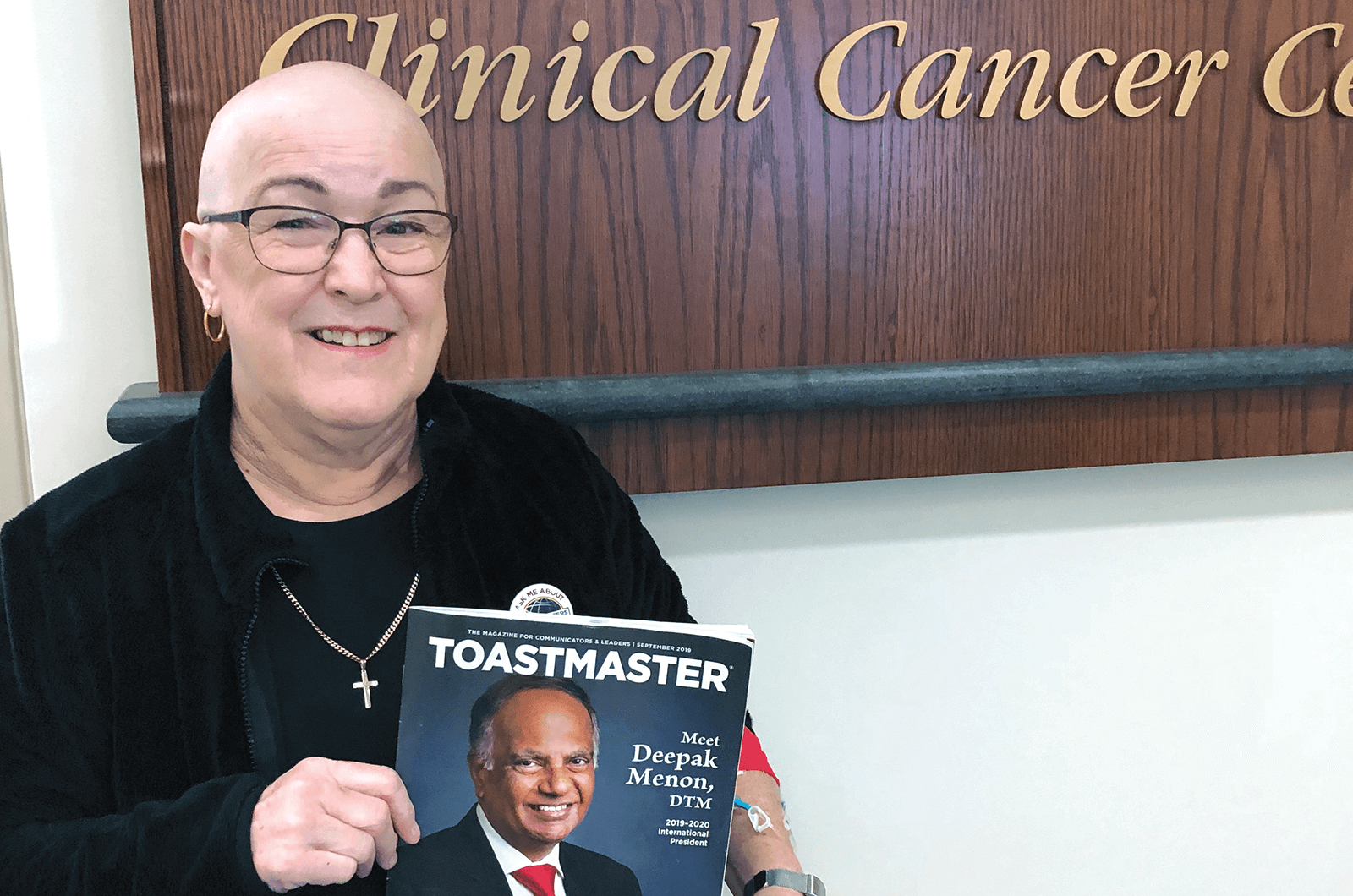 Marilyn McConkey Boyles, DTM, of Cedar Rapids, Iowa, takes her Toastmaster to the University of Iowa Hospital, while receiving cancer treatment.