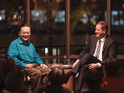 William Hung being interviewed by John Kerwin on TV set