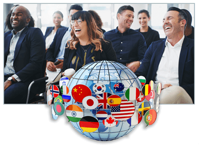 People in an audience laughing with globe image in forefront
