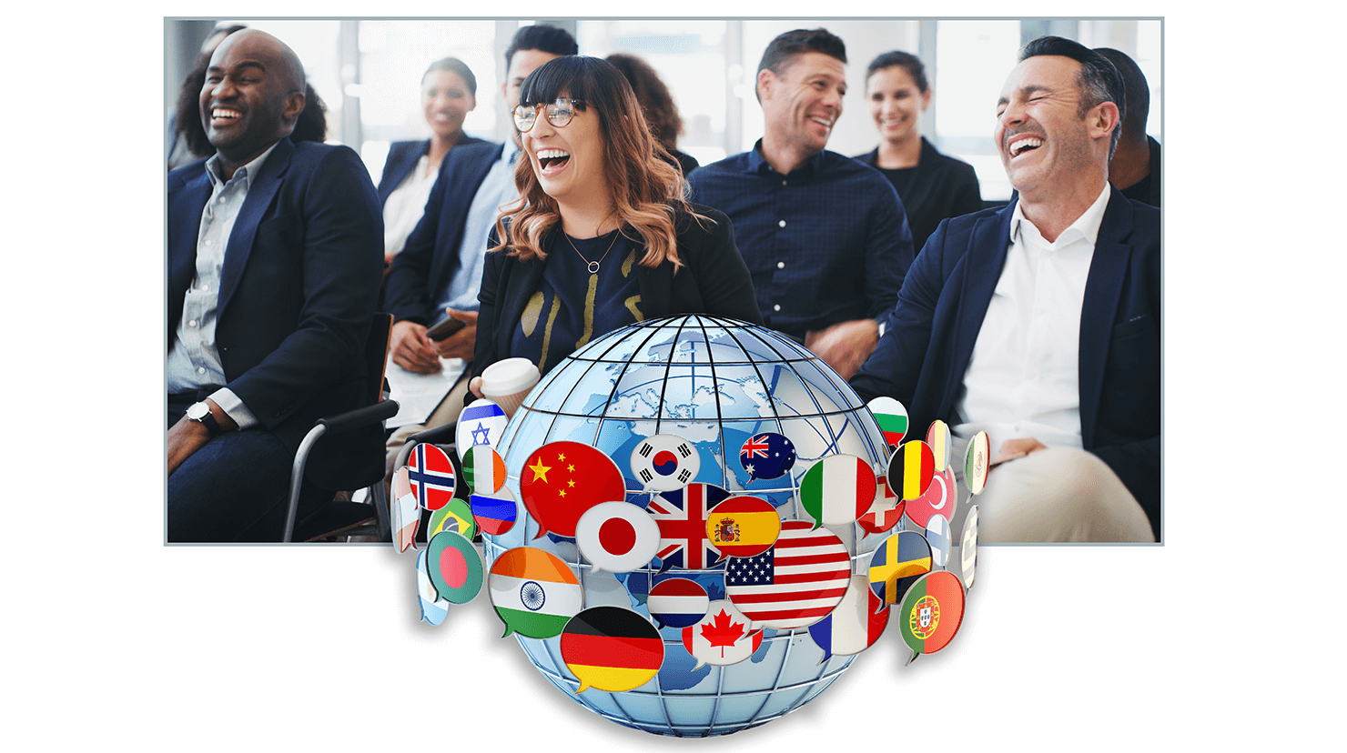 People in an audience laughing with globe image in forefront