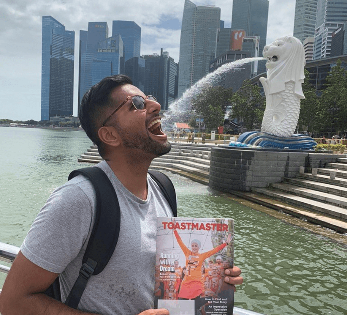 Apurv Baviskar of Melbourne, Victoria, Australia, poses with one of the two Merlion statues in Merlion Park in Singapore. The Merlion is a mythical creature with a lion’s head and fish’s body, which is widely uses as a mascot of Singapore. 