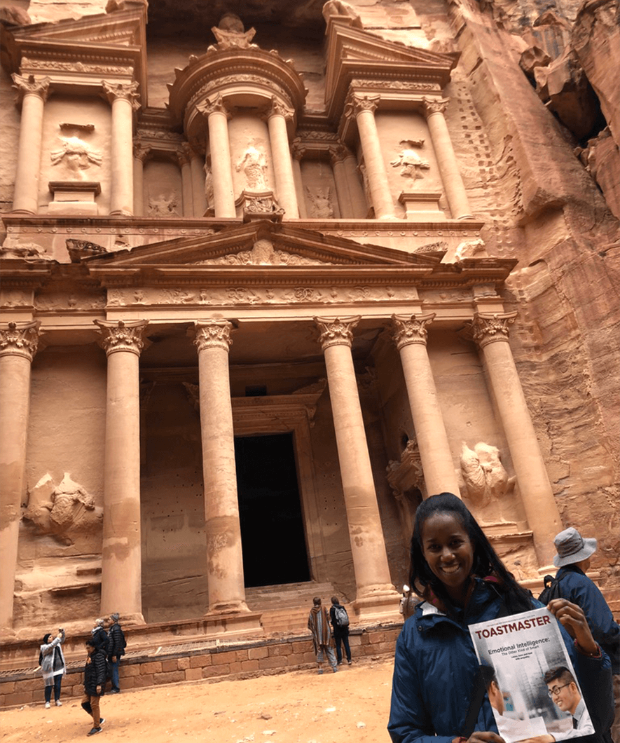Vanessa McLachlan of Calgary, Alberta, Canada, poses in front of Al Khazneh, which translates to “The Treasury,” in Petra, Jordan. The Treasury is one of the most elaborate temples in the ancient town. 